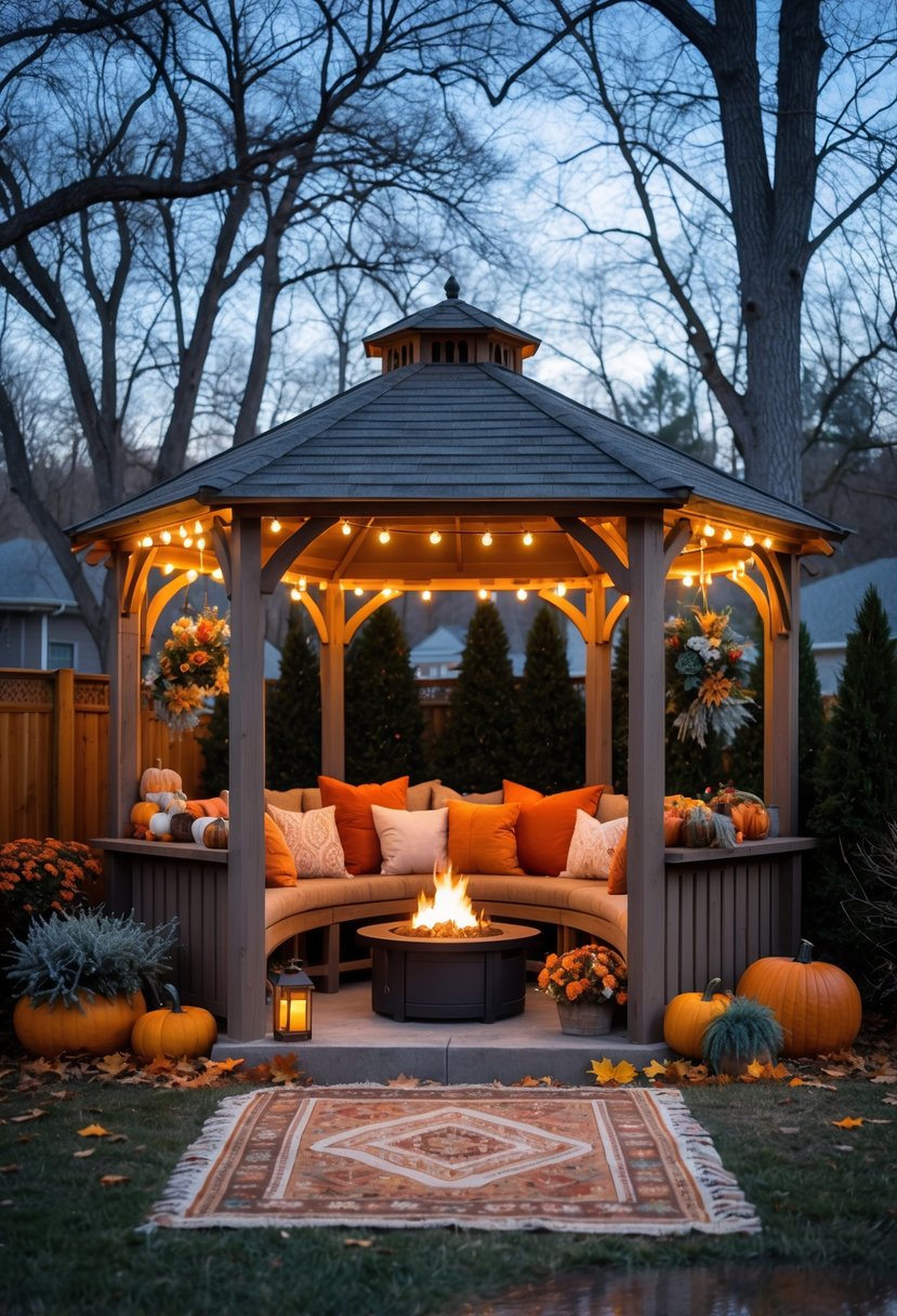 A cozy backyard gazebo lit warmly at dusk, surrounded by fall leaves and light snow, with comfortable seating and blankets inside.
