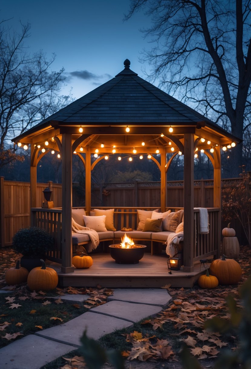 A cozy backyard gazebo lit with warm lights surrounded by autumn leaves and pumpkins on a cool evening.