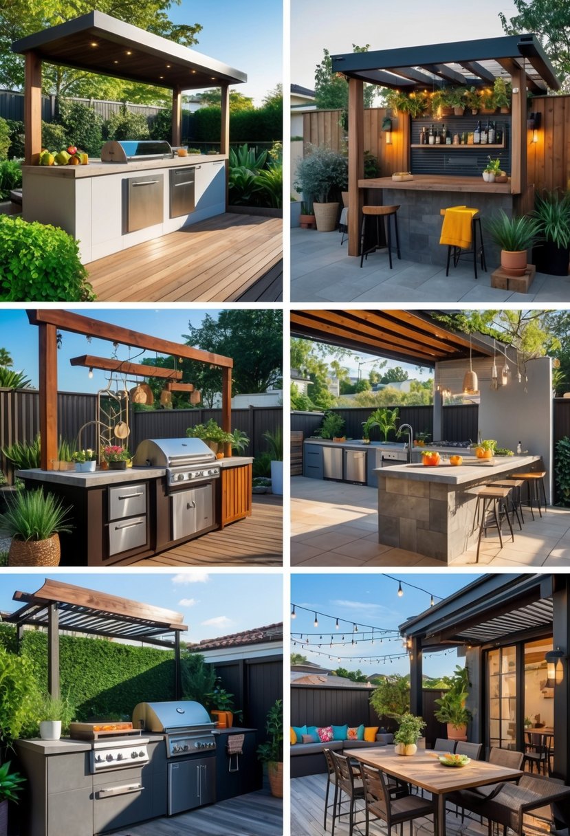 Outdoor backyard scene showing multiple kitchen setups with grills, countertops, seating areas, and greenery.
