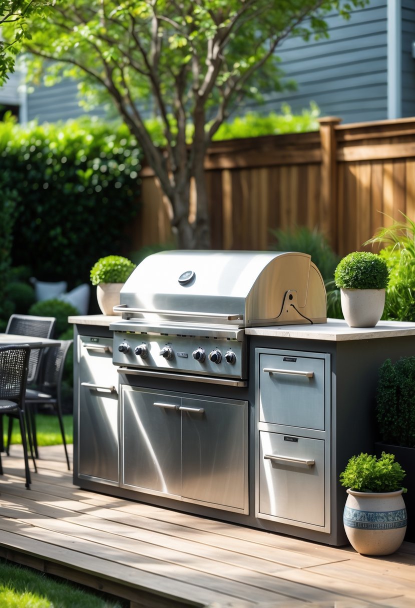 Backyard kitchen with a built-in stainless steel grill station, outdoor dining table, and greenery.