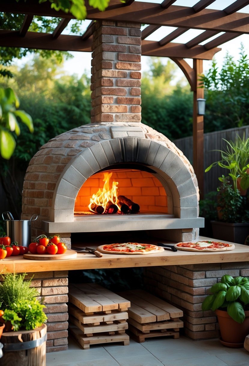 A backyard kitchen with a wood-fired pizza oven surrounded by cooking ingredients and utensils.