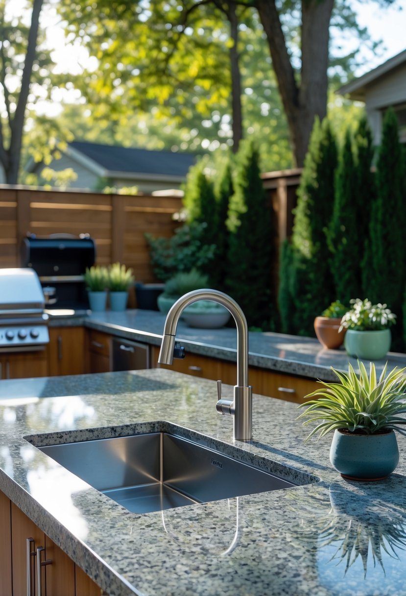 Backyard kitchen with granite countertop and stainless steel sink surrounded by outdoor greenery and kitchen appliances.
