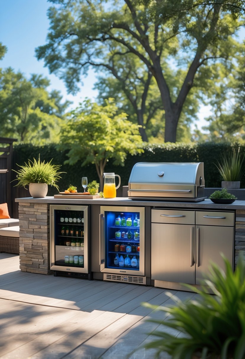 Outdoor kitchen in a backyard featuring a refrigerator and beverage cooler built into stone countertops with plants and seating nearby.