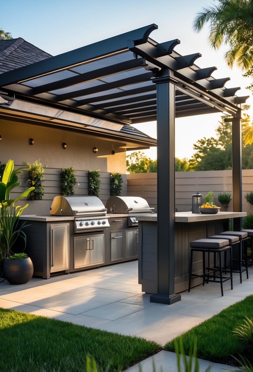 Backyard with a pergola featuring a retractable canopy over an outdoor kitchen area with grill, countertops, and seating.