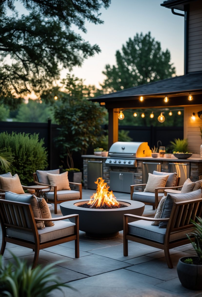 Backyard seating area with a fire pit and an outdoor kitchen surrounded by chairs and plants.