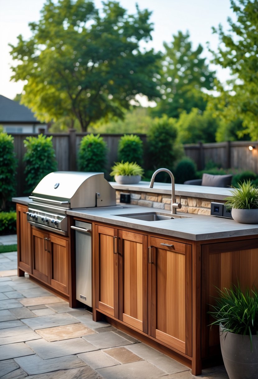 Backyard kitchen with custom wood cabinetry, grill, sink, and outdoor appliances surrounded by plants and stone patio.