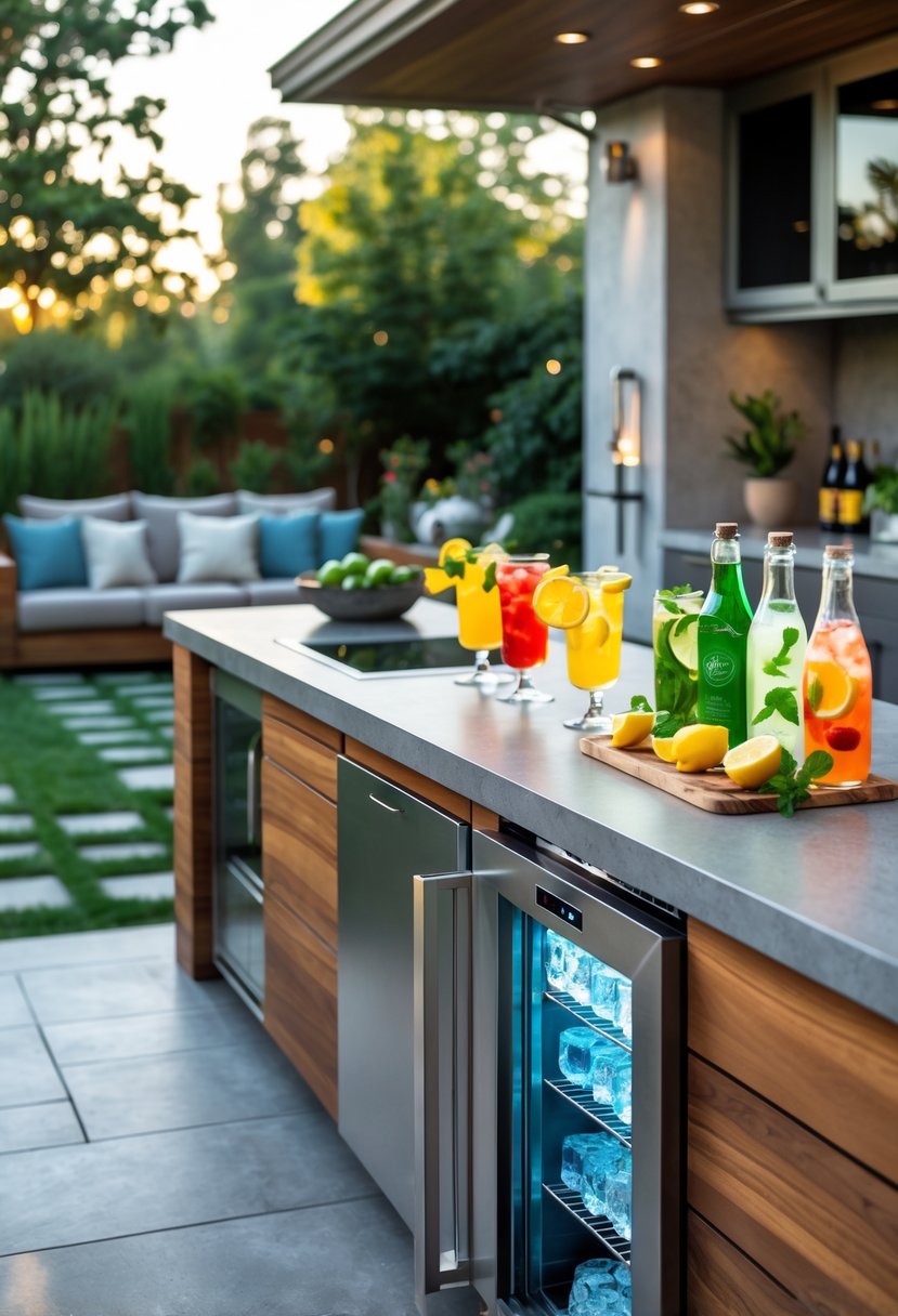 Backyard kitchen with an integrated ice maker and drink station surrounded by greenery and outdoor seating.