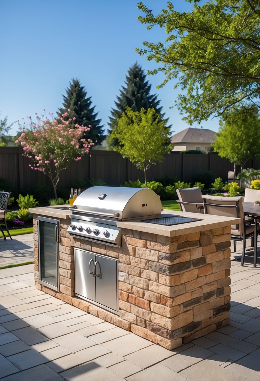 Outdoor backyard kitchen with a stone and brick BBQ island, grill, countertop, and seating area surrounded by greenery.