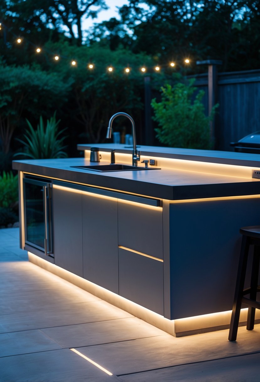 Modern backyard kitchen at dusk with LED lights glowing under the countertops, surrounded by greenery and outdoor appliances.