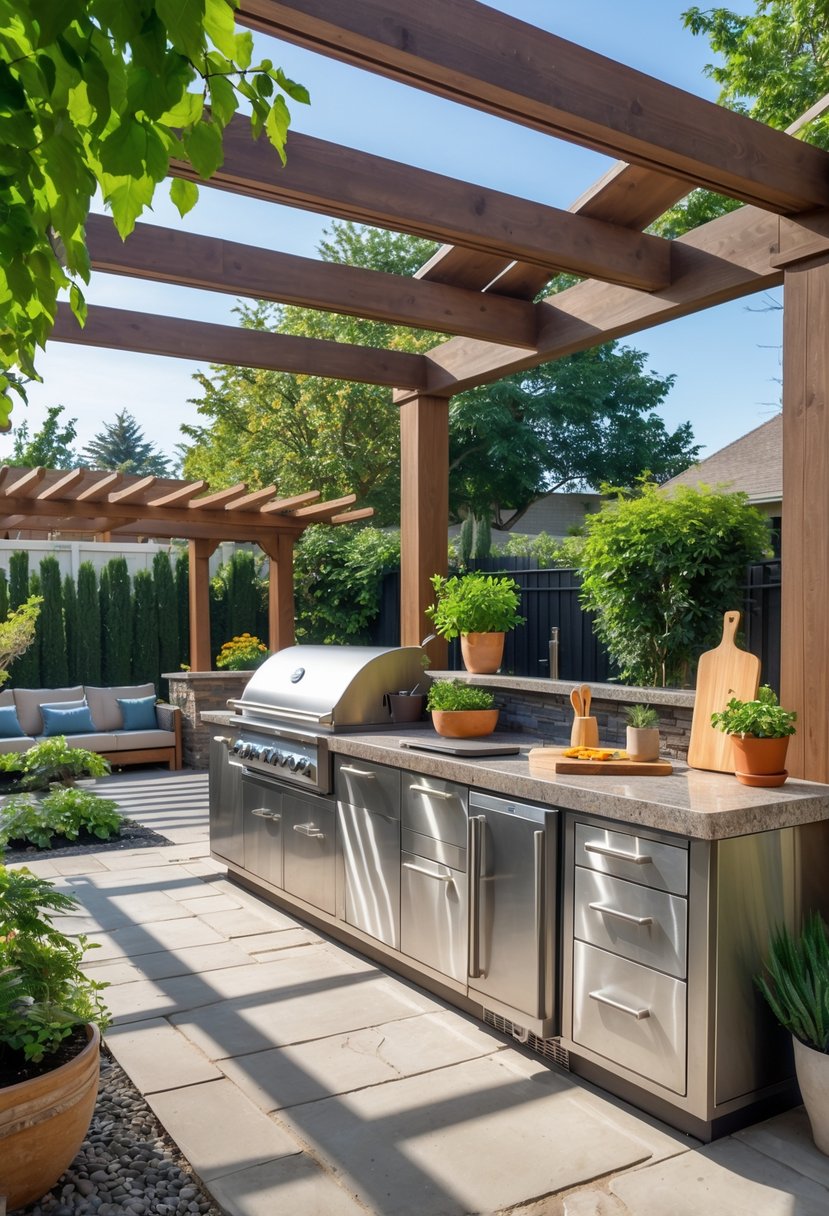 Outdoor backyard kitchen with stone countertops, stainless steel grill, wooden pergola, and green plants.