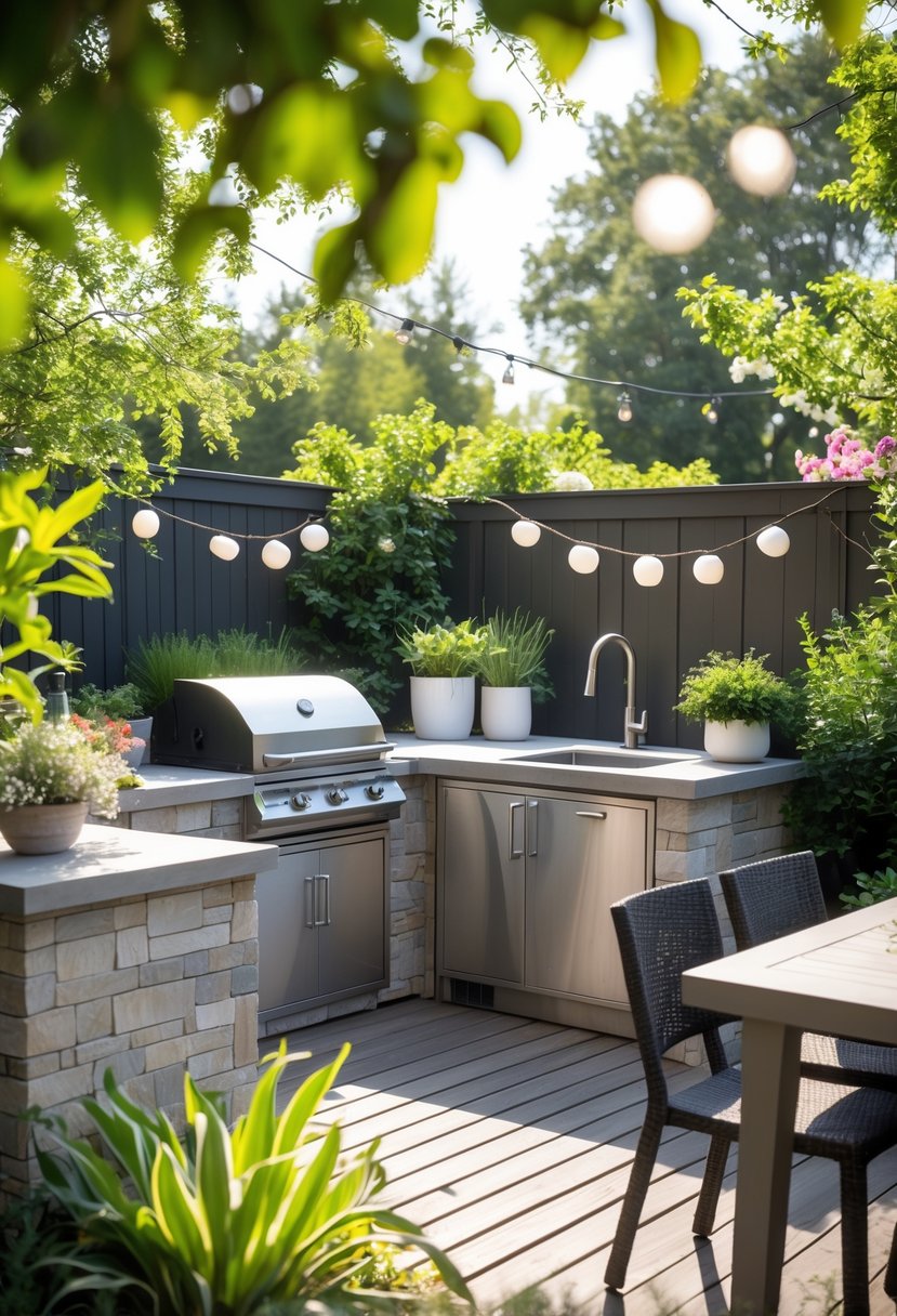 A backyard kitchen with a built-in grill, stone countertop, seating area, and surrounding garden plants.
