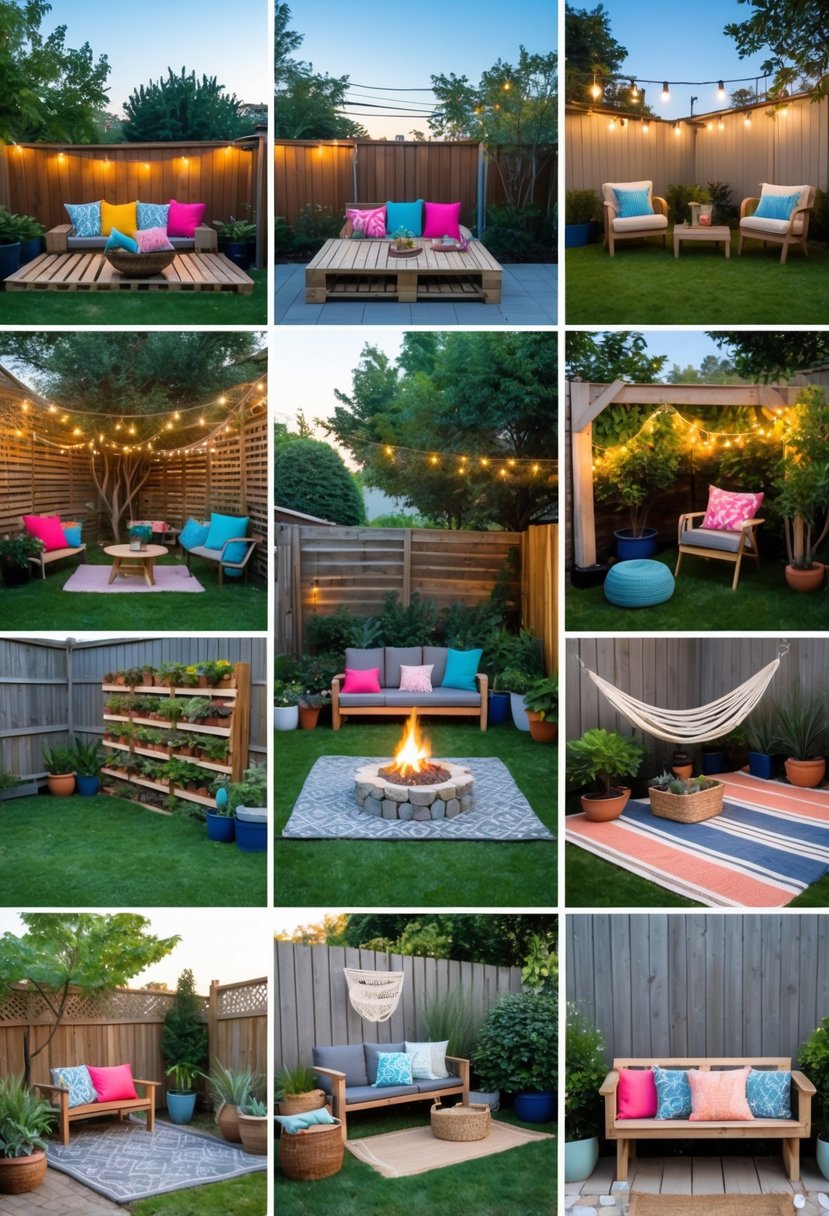 A backyard with cozy seating, string lights, a fire pit, plants, a hammock, and picnic setup creating a warm and inviting outdoor space.