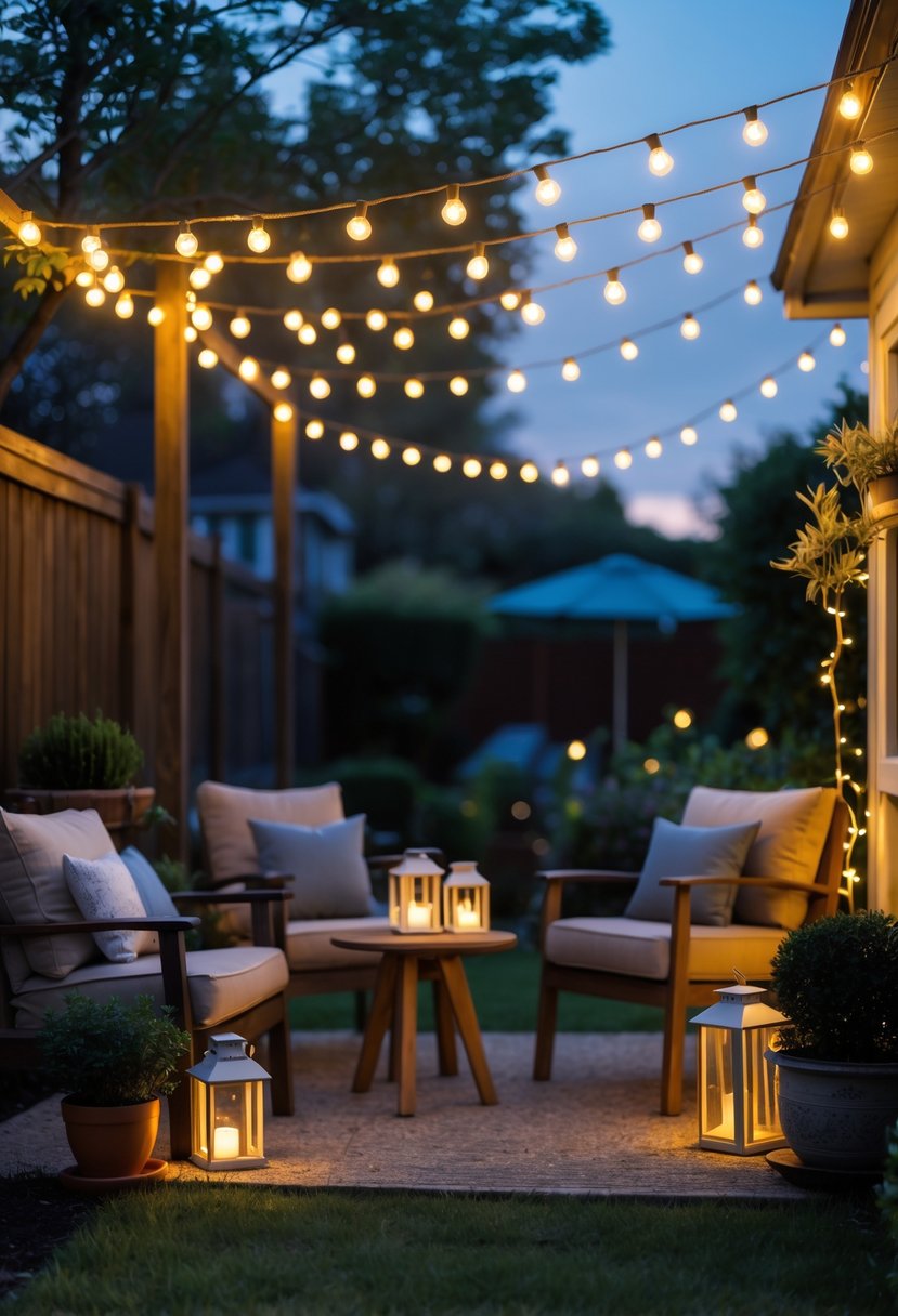 A cozy backyard with string fairy lights glowing warmly over seating and plants at dusk.