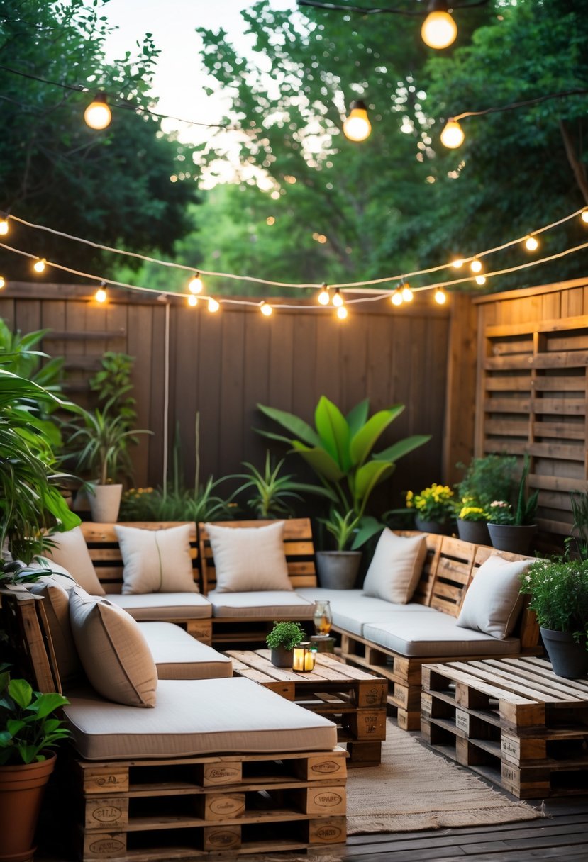 A backyard with wooden pallet seating surrounded by plants and soft cushions, creating a cozy outdoor space.
