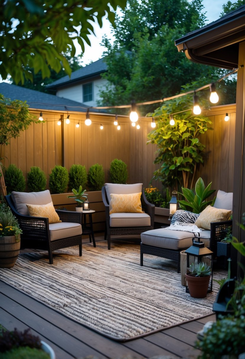 A backyard seating area with cushioned chairs arranged on a large outdoor rug surrounded by plants and string lights.