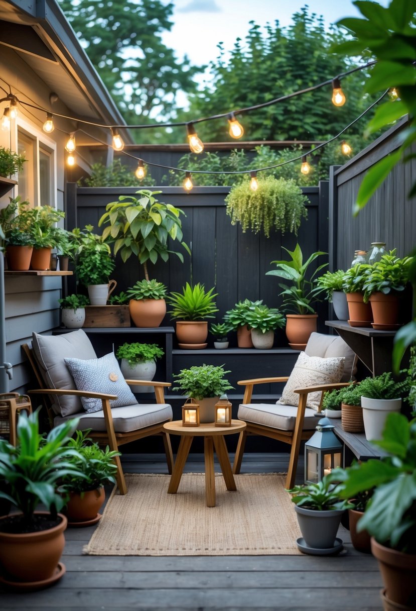 A cozy backyard with potted plants, outdoor seating, string lights, and decorative elements creating a relaxing and inviting atmosphere.