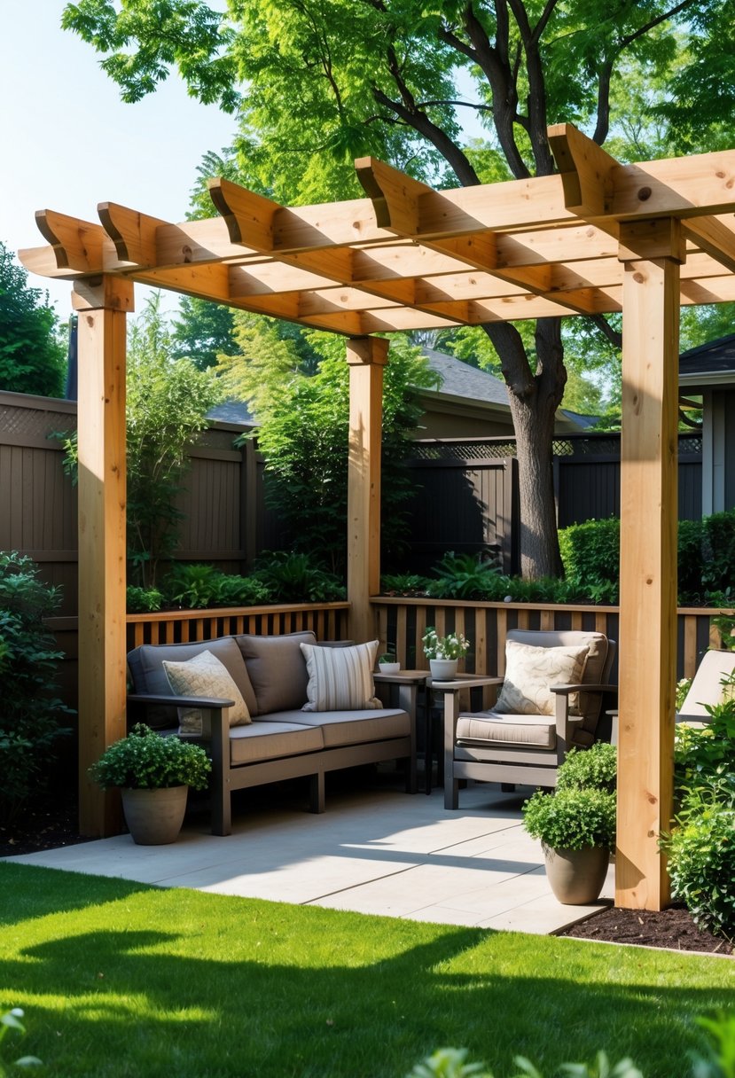A backyard with a simple wooden pergola providing shade over a seating area surrounded by plants and grass.