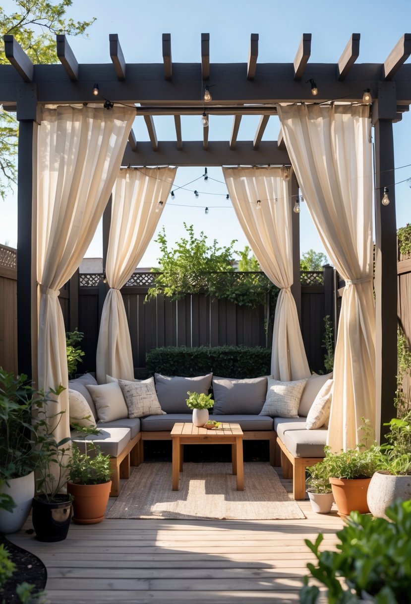 A backyard with weather-resistant curtains hanging from a pergola, surrounded by outdoor seating, plants, and soft lighting.