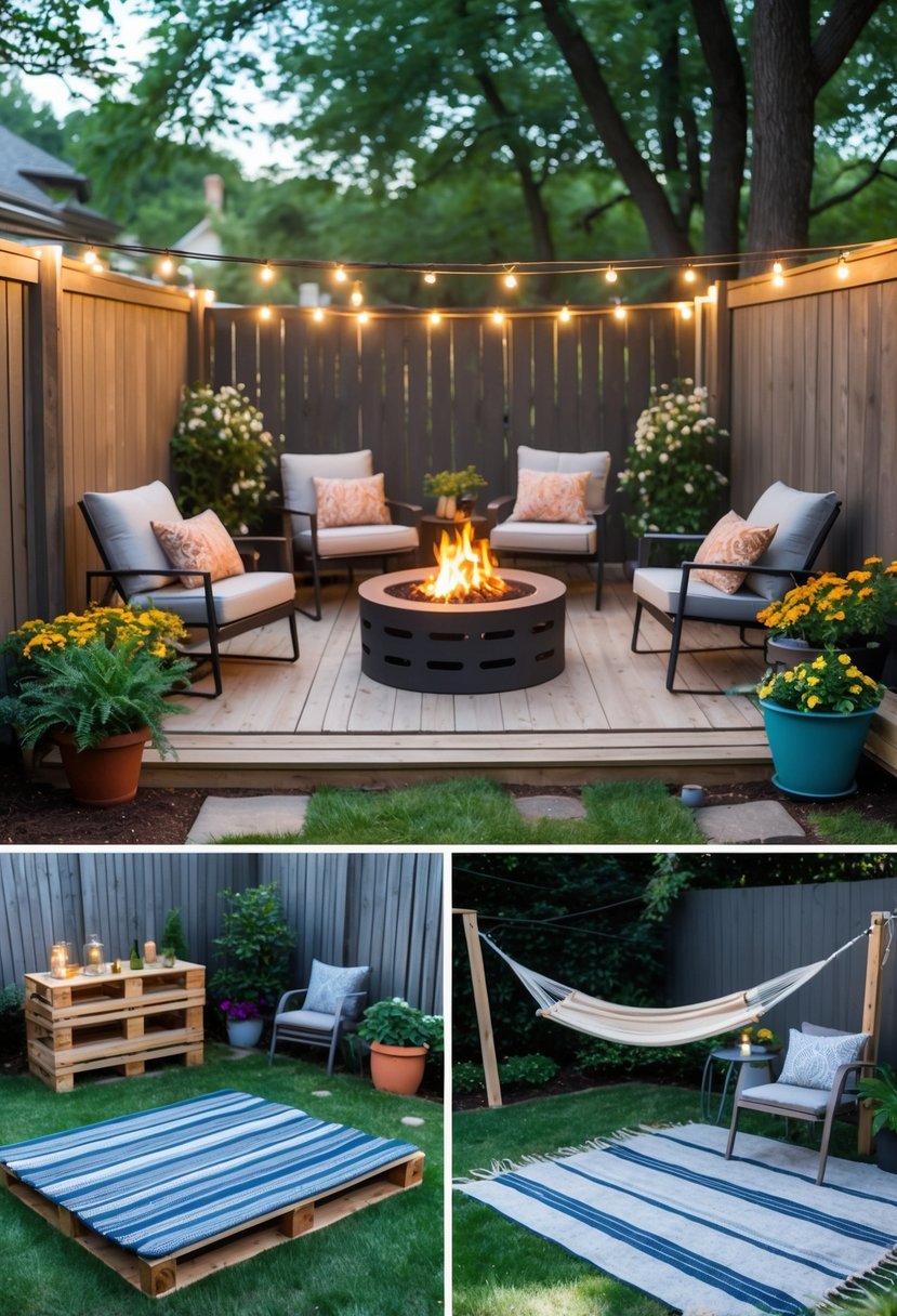 A backyard with cozy seating, a fire pit, string lights, plants, a hammock, and a small outdoor dining area arranged for comfortable outdoor living.