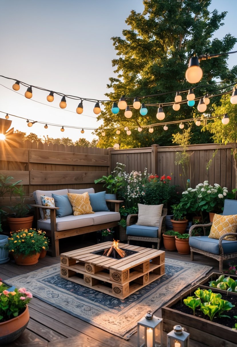 A cozy backyard with seating, string lights, a fire pit, potted plants, a small vegetable garden, and outdoor decorations.