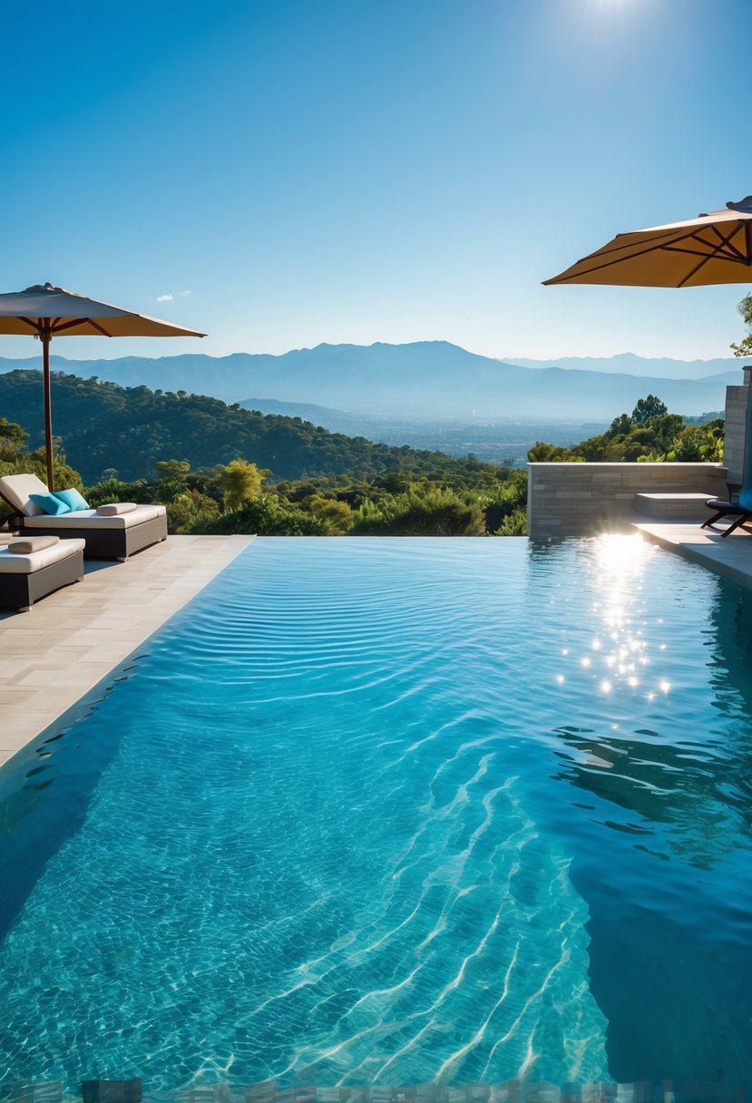 A backyard infinity edge pool overlooking panoramic views of green hills and mountains under a clear blue sky.