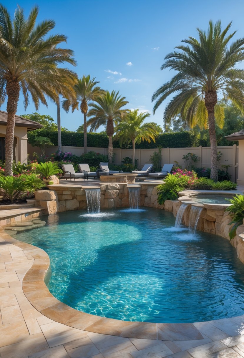 A backyard with a large natural-shaped swimming pool featuring waterfalls, surrounded by tropical plants and lounge chairs.