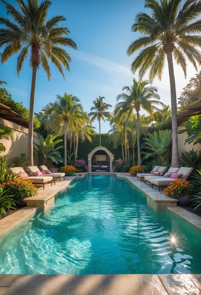 A backyard pool surrounded by tall palm trees and tropical plants with clear blue water and lounge chairs nearby.