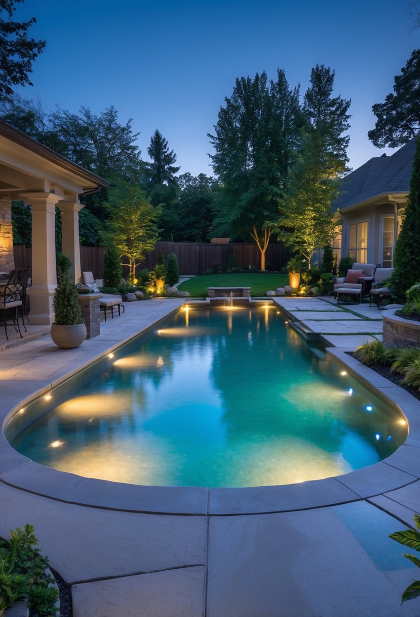 A backyard inground pool with underwater lighting surrounded by plants and outdoor furniture.