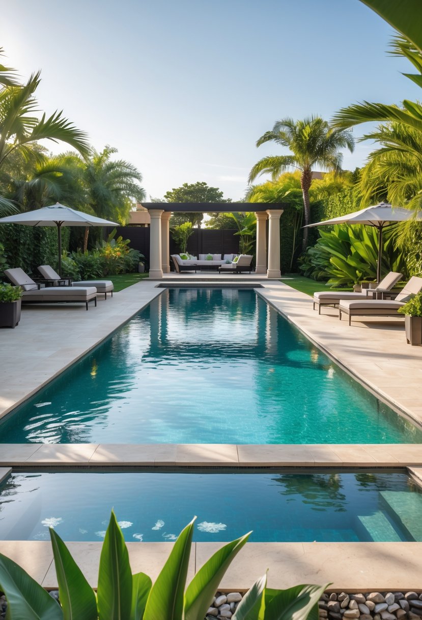 Rectangular backyard swimming pool with a wide lounging deck, surrounded by plants and outdoor seating.