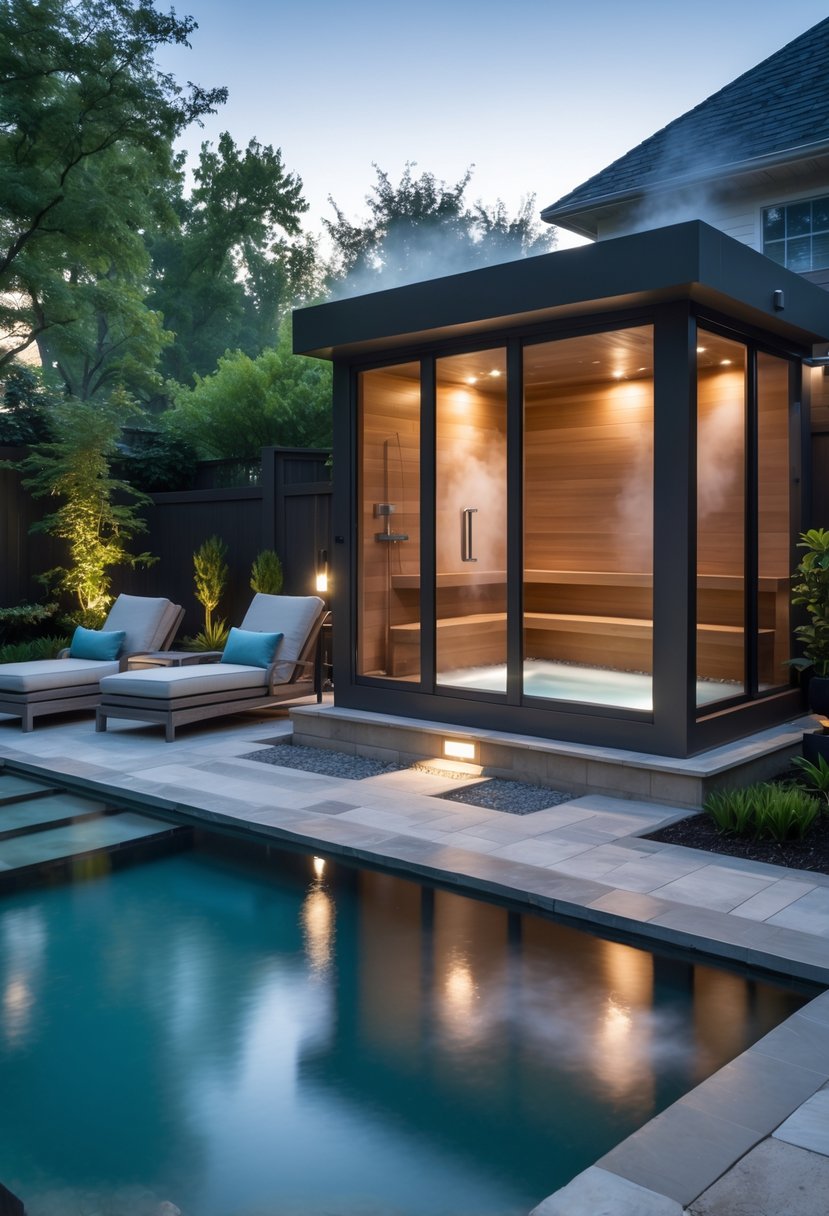 A backyard with an in-ground pool connected to a glass-enclosed steam room, surrounded by stone decking and greenery.