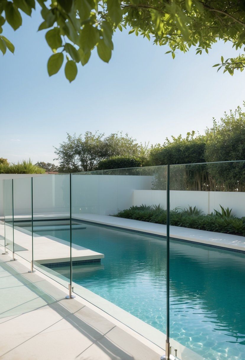 A clear in-ground backyard pool with glass fencing surrounded by greenery and a smooth pool deck.