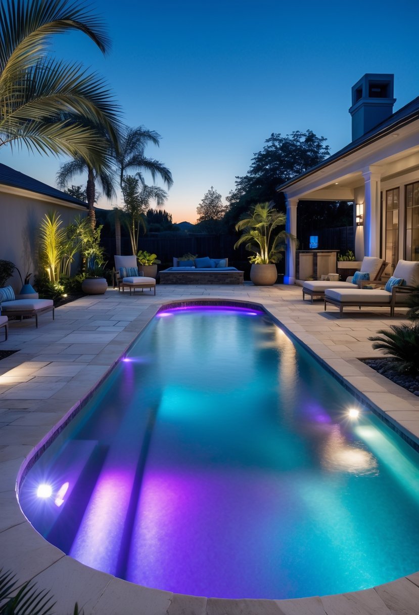 A backyard with a 17-foot in-ground pool illuminated by colorful LED lights, surrounded by lounge chairs and tropical plants.