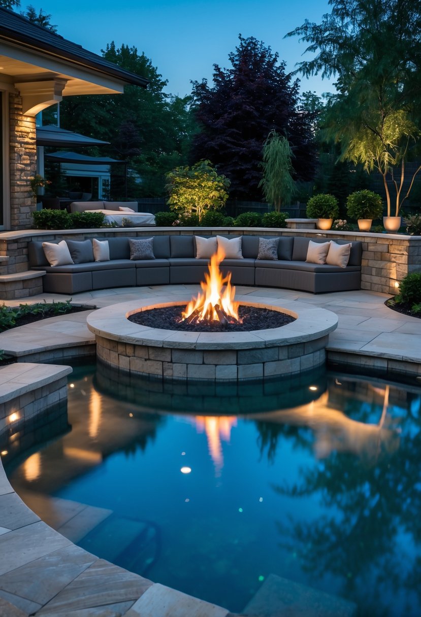 A backyard pool with a built-in fire pit surrounded by seating, set in a landscaped area with greenery and stone accents.