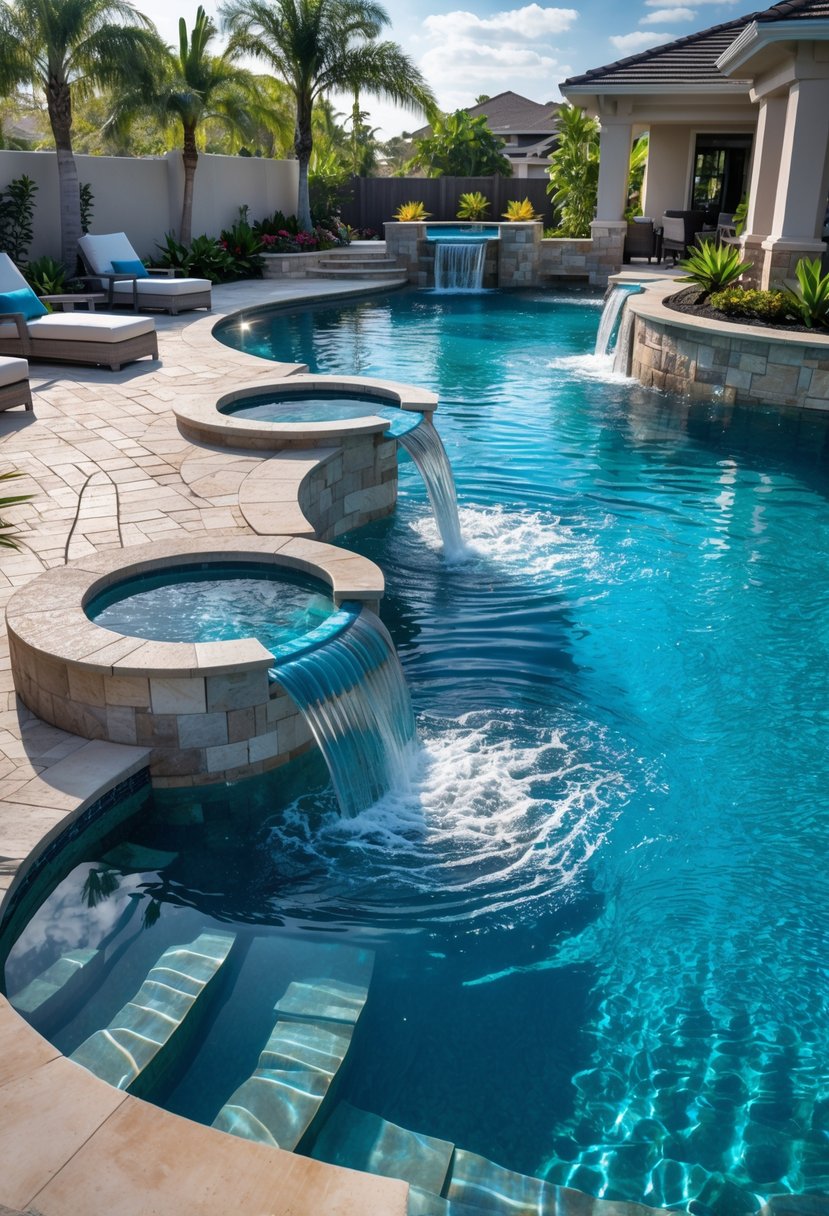A backyard with a large in-ground pool featuring multiple waterfalls and surrounded by tropical plants and lounge chairs.