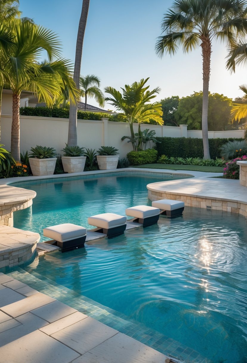 A backyard pool with a swim-up bar and submerged seating surrounded by tropical plants and stone decking.