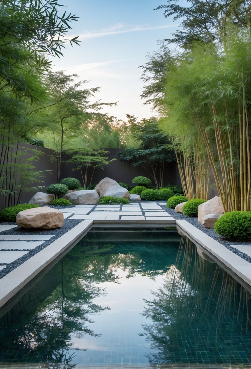 A backyard with a large reflecting pool surrounded by Zen garden landscaping including stones, gravel, and green plants.