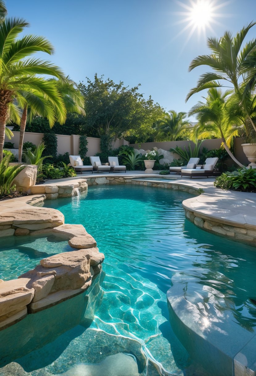 A backyard with a lagoon style in-ground pool surrounded by natural rock edges and lush greenery.