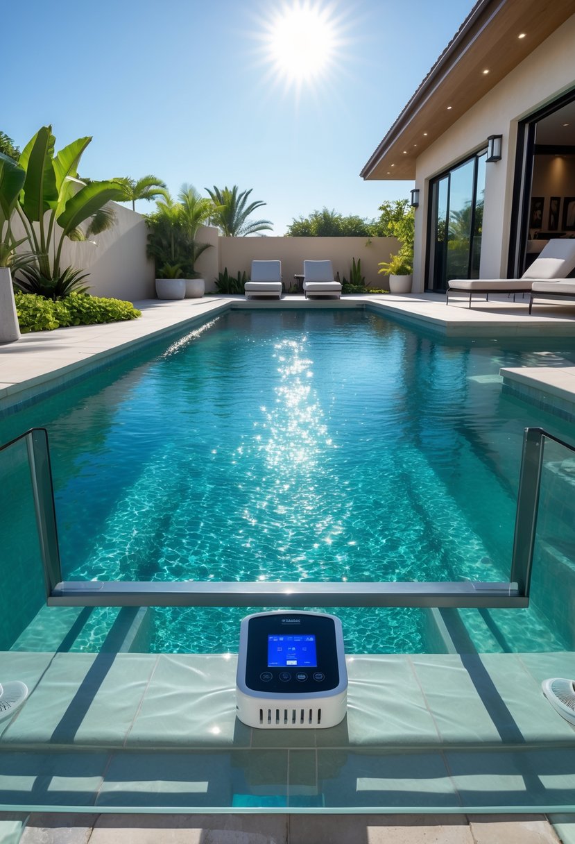 A heated in-ground backyard pool with clear water, surrounded by lounge chairs, tropical plants, and a stone patio in a luxury resort-like setting.