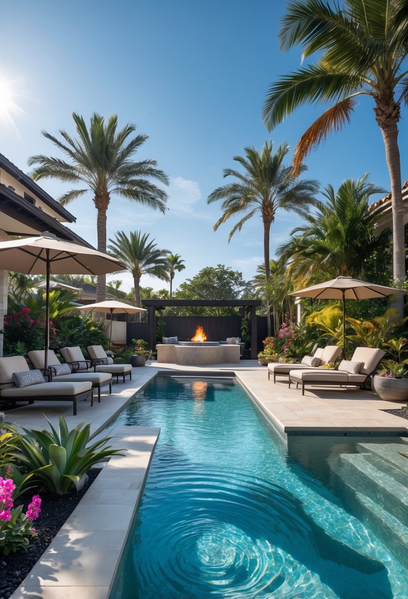 A backyard with a clear in-ground pool surrounded by stone decking, tropical plants, lounge chairs, and an outdoor seating area with a fire pit.
