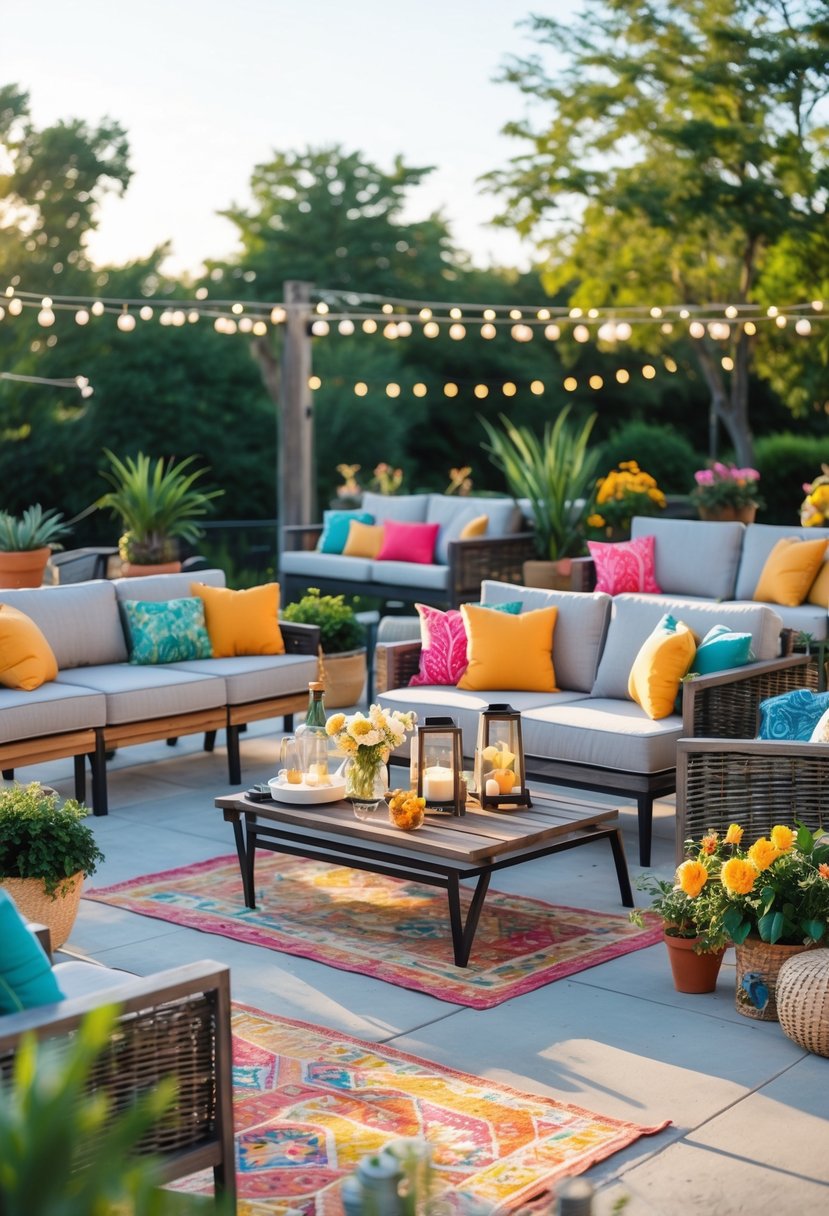 Outdoor patio with various seating arrangements, tables, plants, and lighting creating a comfortable and inviting space.