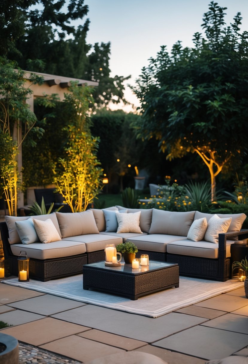 Outdoor patio with a cushioned sectional sofa arranged around a coffee table surrounded by plants.
