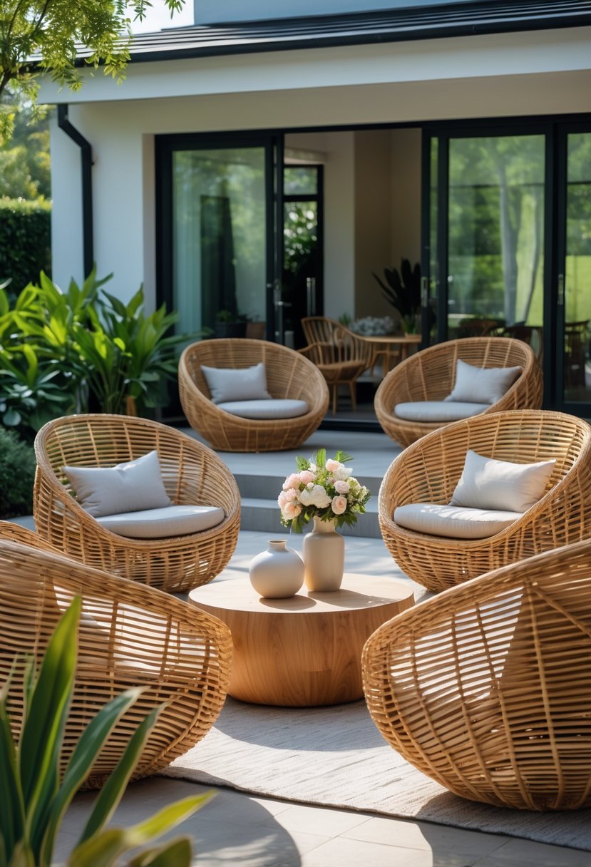 Outdoor patio with rounded rattan chairs arranged around a wooden coffee table surrounded by plants and cushions.