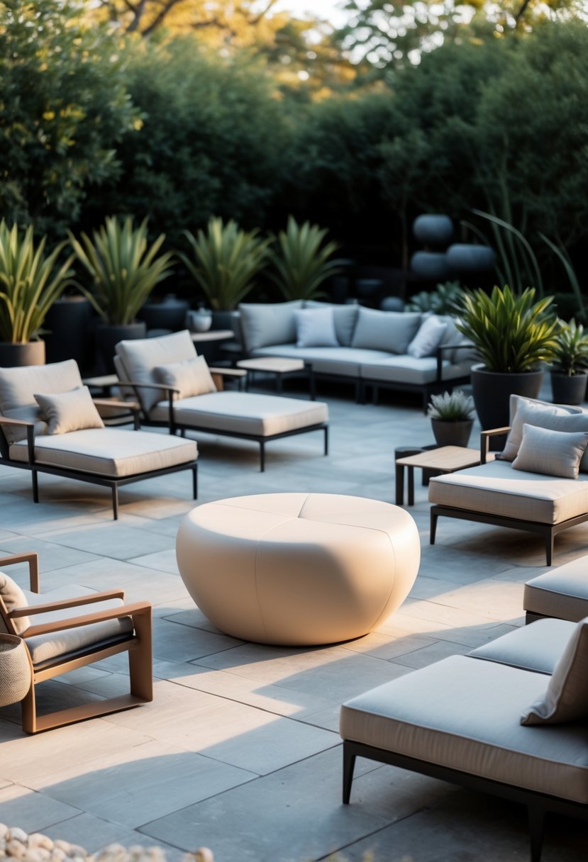 An outdoor patio with various furniture pieces centered around a soft cylindrical coffee table, surrounded by chairs and sofas with plants in the background.