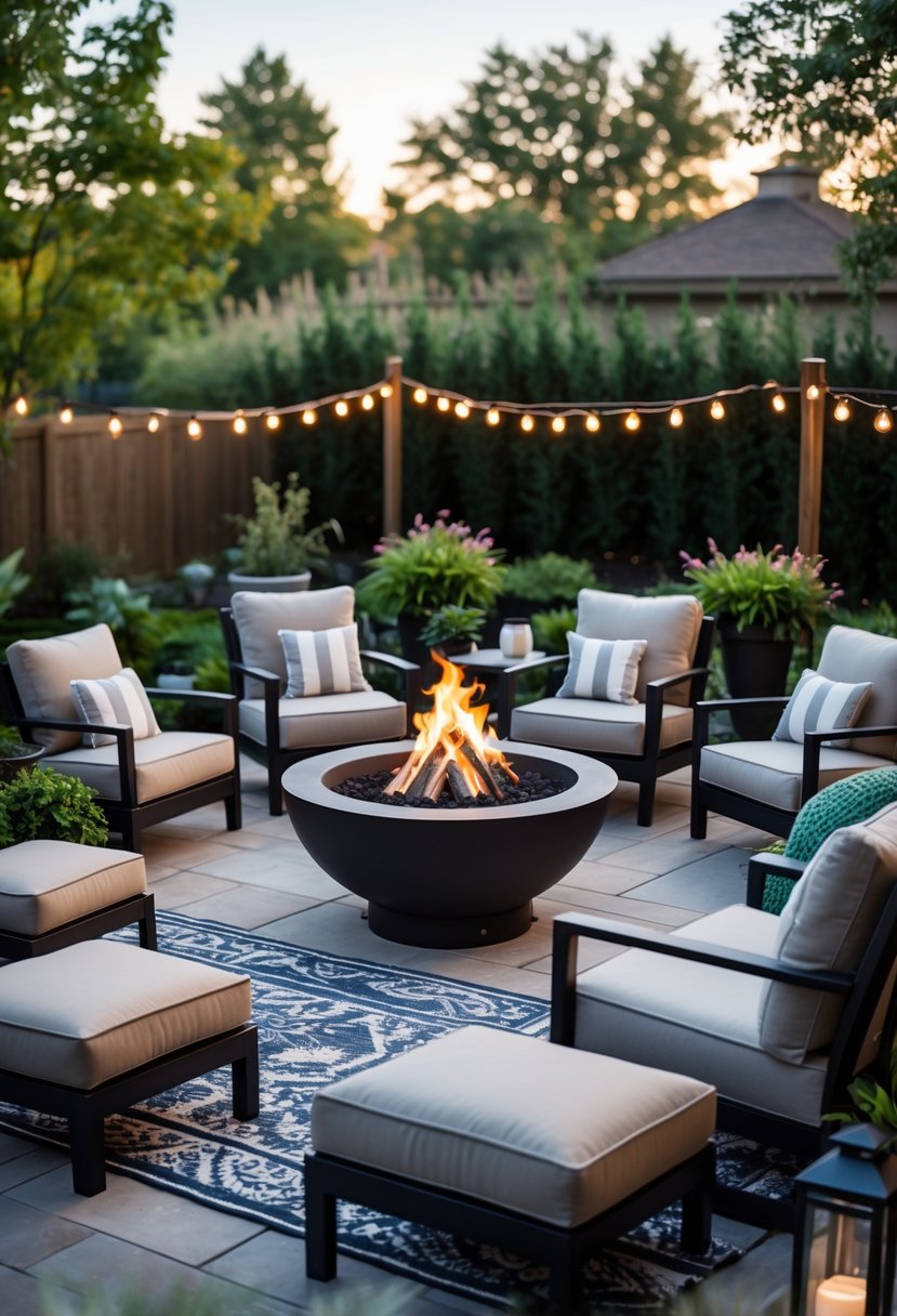 Outdoor patio with a central fire pit surrounded by various chairs and sofas arranged for seating.