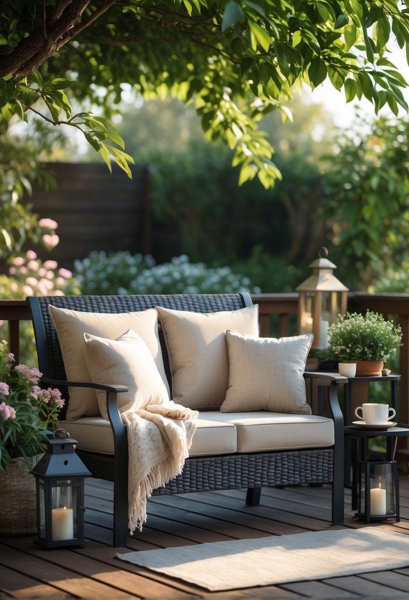 An outdoor patio area with a weather-resistant loveseat, cushions, a small side table with a cup and plant, surrounded by greenery and sunlight.