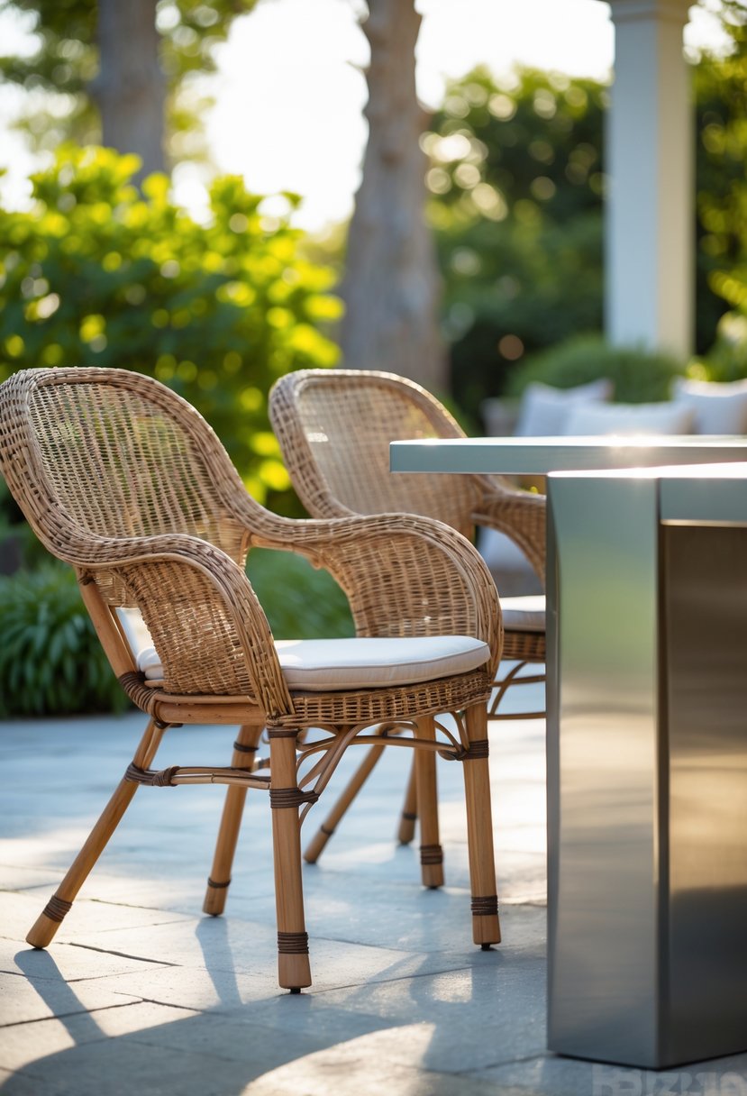Outdoor patio with wicker chairs arranged around metal tables surrounded by greenery.
