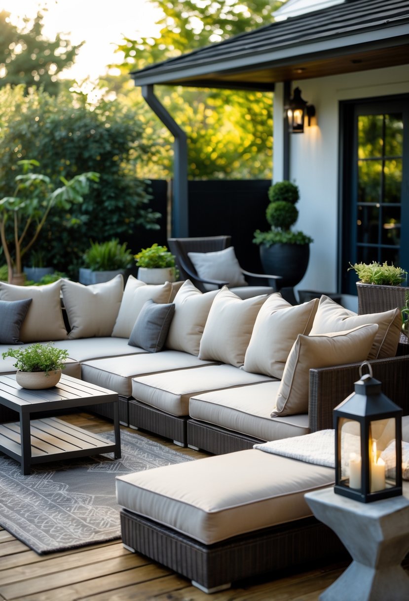 An outdoor patio with a modular sofa arranged in an L-shape, surrounded by tables and plants on a wooden deck.