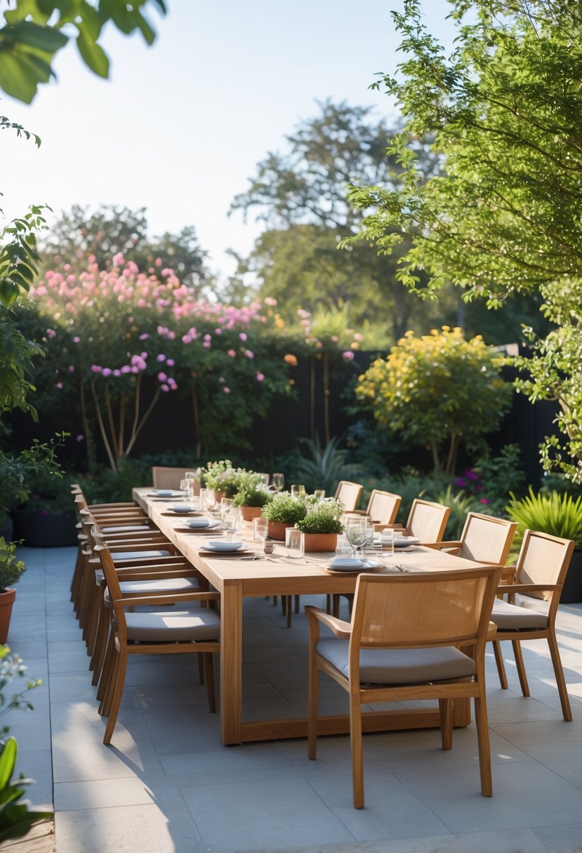 Outdoor dining area with a long table and 18 chairs set up in a garden surrounded by trees and plants.