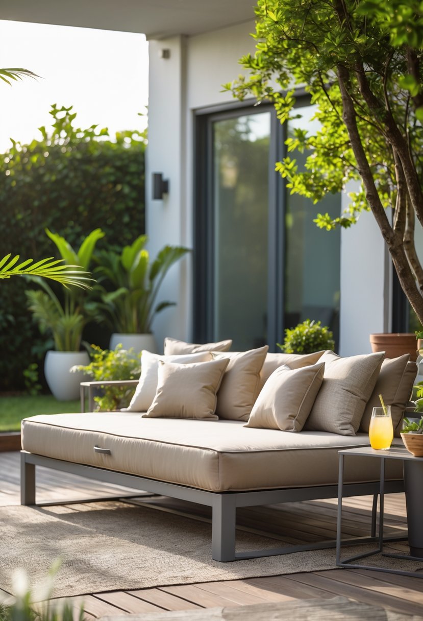 An outdoor patio with a weatherproof daybed surrounded by plants and a small side table.