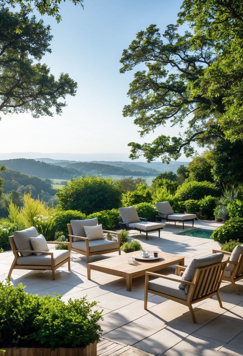 Outdoor patio with furniture arranged to face a scenic natural landscape with trees and hills.